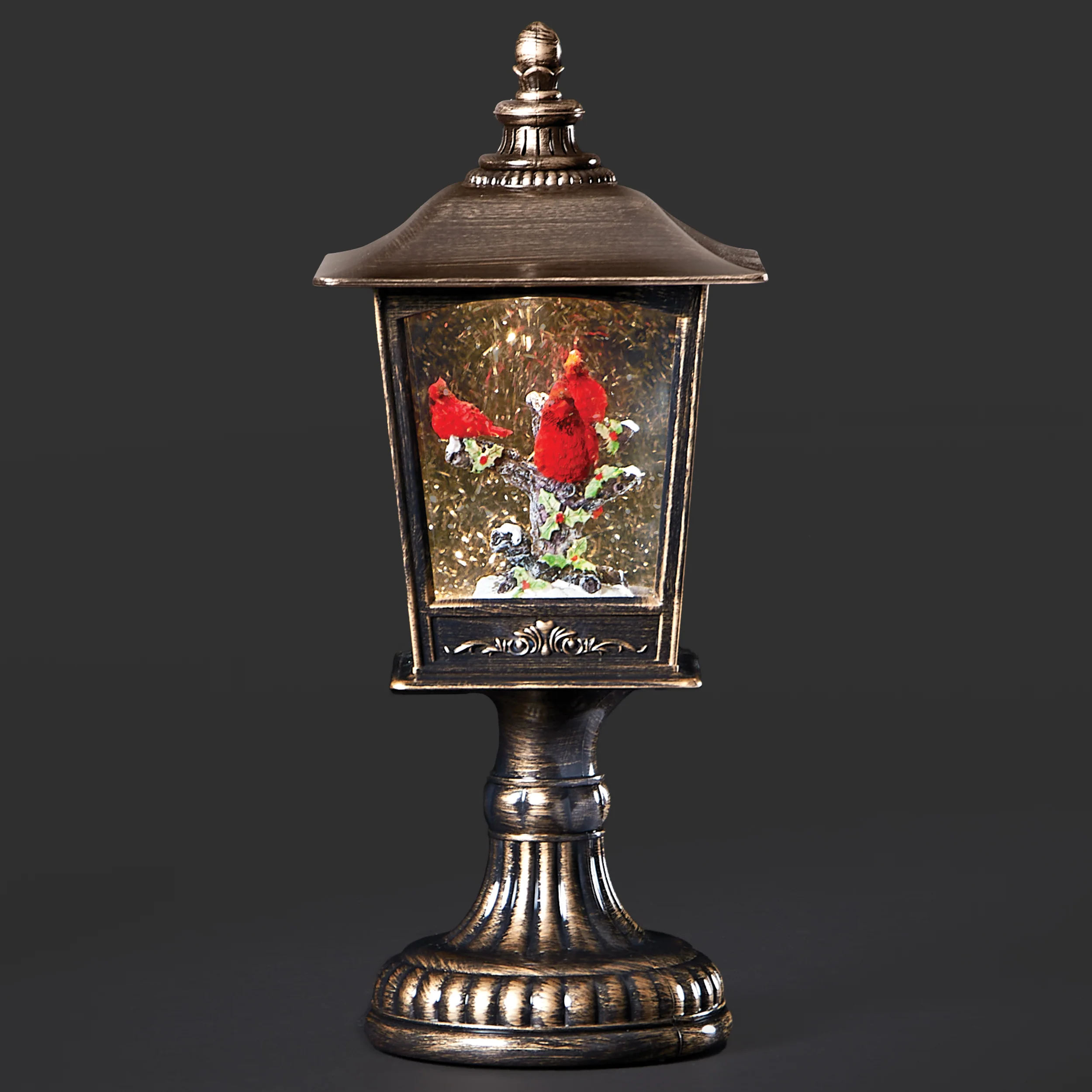 Confetti Lites Lighted Swirl Pedestal Lantern with Cardinals on a Snowy Branch